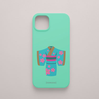 Funda KARKASA Silk Touch verde menta con ilustración artística de un kimono japonés turquesa con flores de cerezo. Carcasa de estilo oriental.