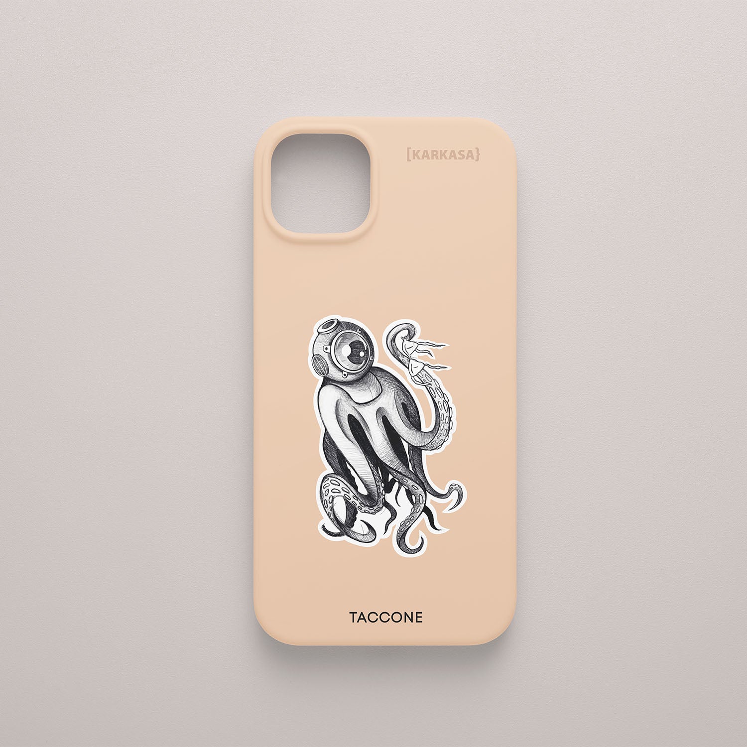 Funda KARKASA rosa nude con ilustración estilo grabado de un pulpo o kraken llevando un casco de buzo antiguo (escafandra).