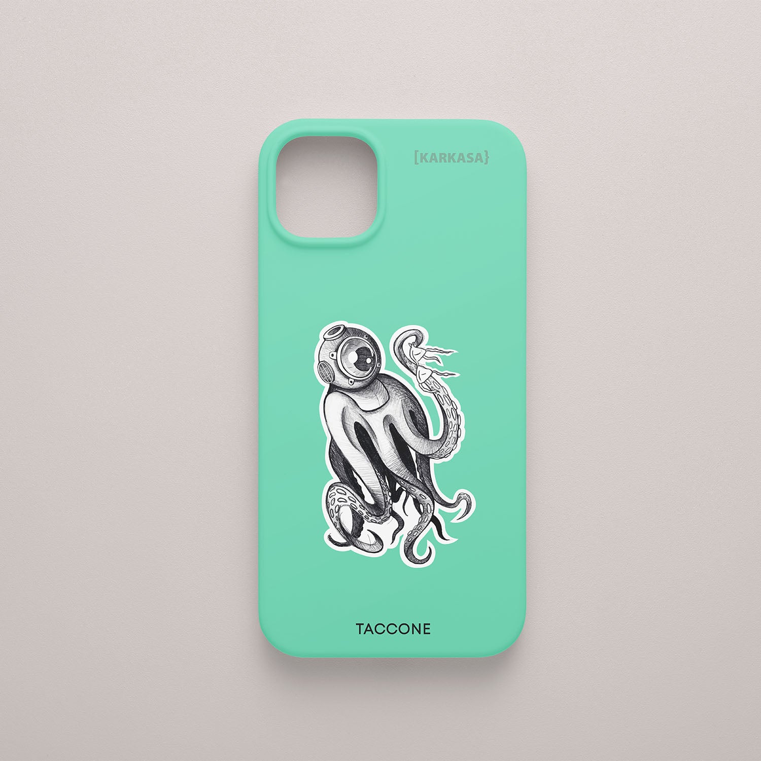 Funda KARKASA verde menta con ilustración estilo grabado de un pulpo o kraken llevando un casco de buzo antiguo (escafandra).
