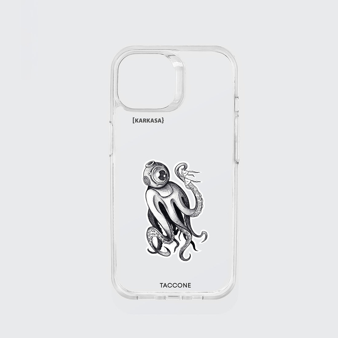 Funda KARKASA transparente antigolpes con ilustración estilo grabado de un pulpo o kraken llevando un casco de buzo antiguo (escafandra).