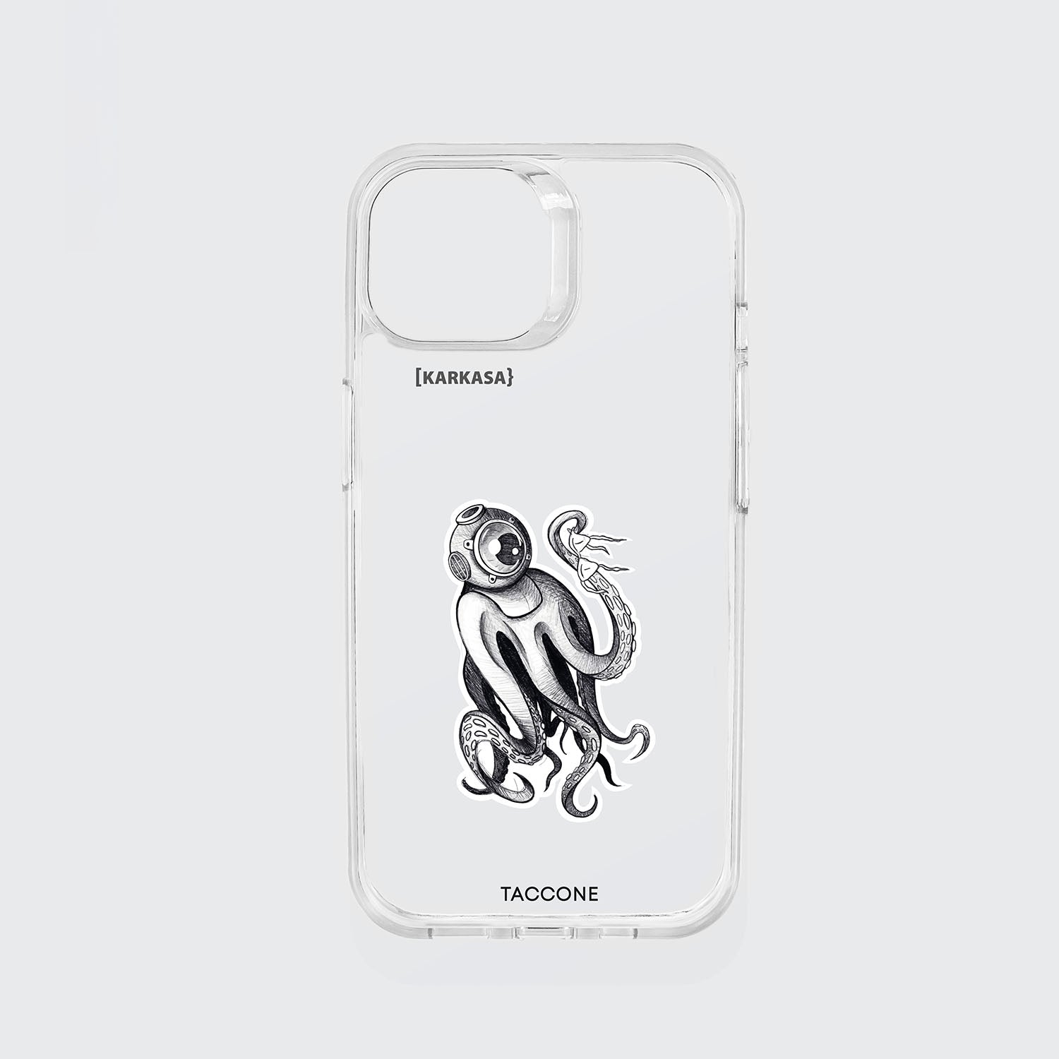 Funda KARKASA transparente antigolpes con ilustración estilo grabado de un pulpo o kraken llevando un casco de buzo antiguo (escafandra).