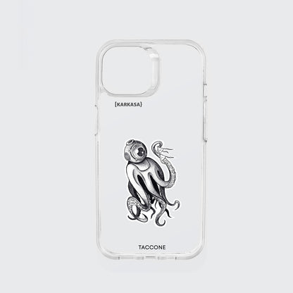Funda KARKASA transparente antigolpes con ilustración estilo grabado de un pulpo o kraken llevando un casco de buzo antiguo (escafandra).
