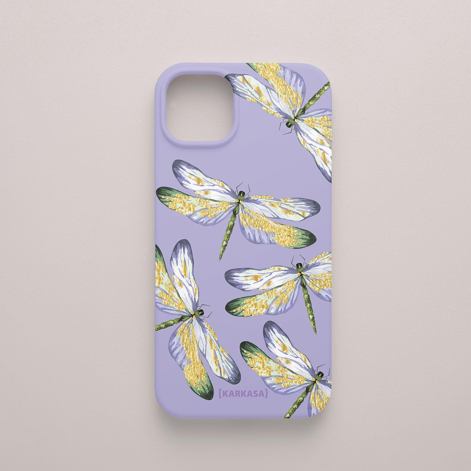 Funda KARKASA Silk Touch lila con estampado de libélulas doradas con alas detalladas. Carcasa estilo joyería botánica.