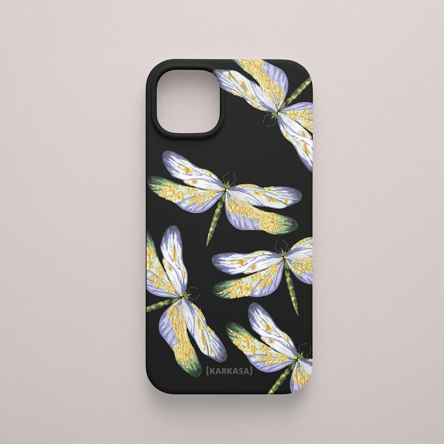 Funda KARKASA Silk Touch negra con estampado de libélulas doradas con alas detalladas. Carcasa estilo joyería botánica.