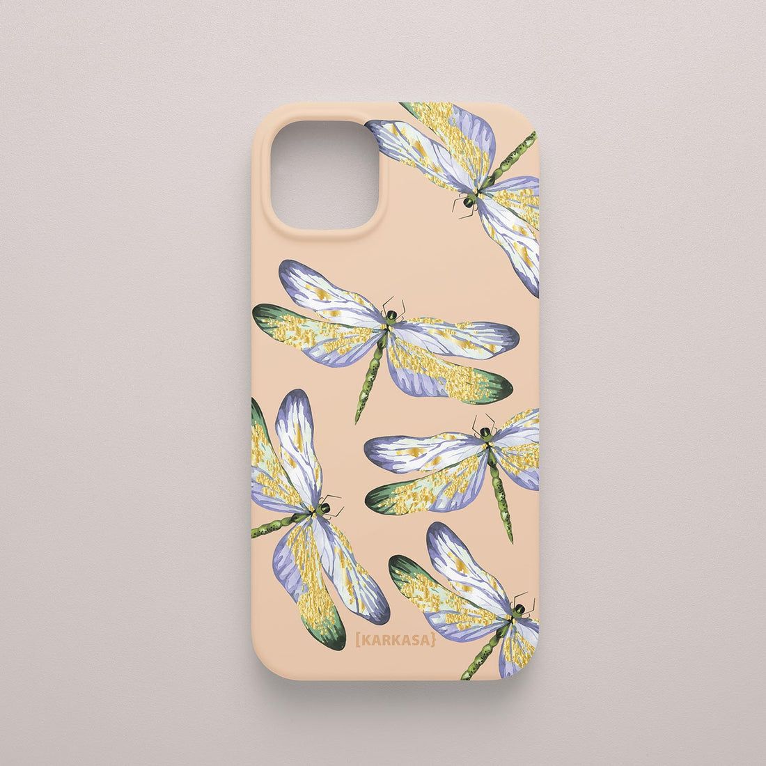 Funda KARKASA Silk Touch rosa nude con estampado de libélulas doradas con alas detalladas. Carcasa estilo joyería botánica.