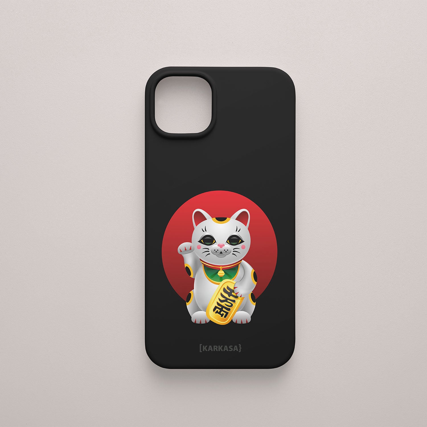 Funda móvil negra KARKASA con diseño Lucky Cat, gato de la suerte japonés y círculo rojo central