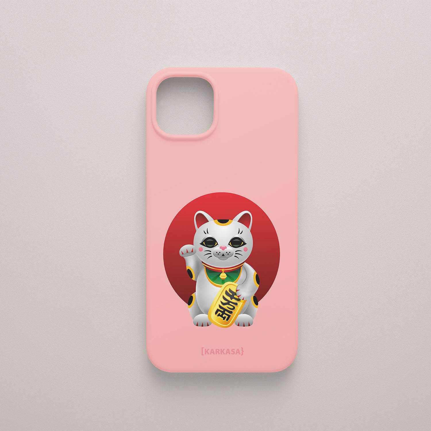 Funda móvil rosa chicle KARKASA con diseño Lucky Cat, gato de la suerte japonés y círculo rojo central