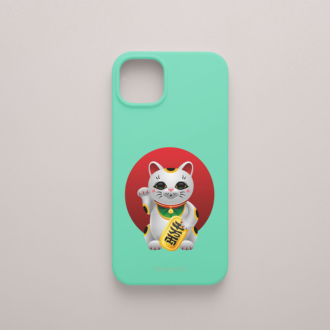 Funda móvil verde menta KARKASA con diseño Lucky Cat, gato de la suerte japonés y círculo rojo central