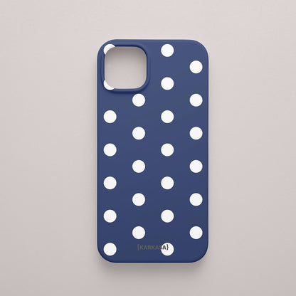 Funda KARKASA Silk Touch azul marina con estampado clásico de lunares blancos (polka dots). Carcasa mate de silicona estilo retro vintage.