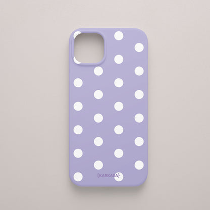 Funda KARKASA Silk Touch lila con estampado clásico de lunares blancos (polka dots). Carcasa mate de silicona estilo retro vintage.