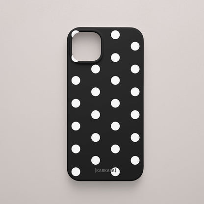 Funda KARKASA Silk Touch negra con estampado clásico de lunares blancos (polka dots). Carcasa mate de silicona estilo retro vintage.