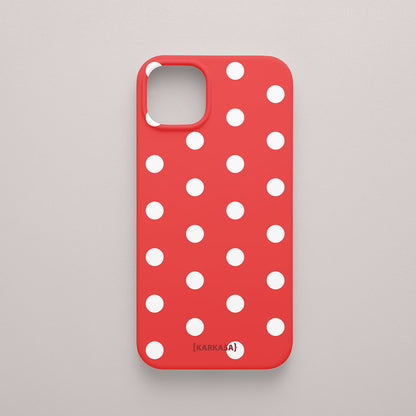Funda KARKASA Silk Touch roja con estampado clásico de lunares blancos (polka dots). Carcasa mate de silicona estilo retro vintage.
