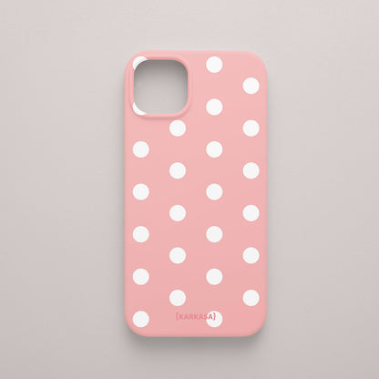 Funda KARKASA Silk Touch rosa chicle con estampado clásico de lunares blancos (polka dots). Carcasa mate de silicona estilo retro vintage.