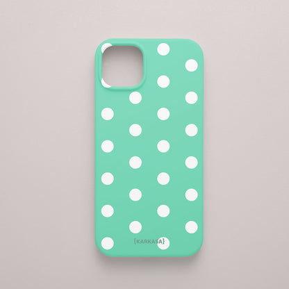 Funda KARKASA Silk Touch verde menta con estampado clásico de lunares blancos (polka dots). Carcasa mate de silicona estilo retro vintage.
