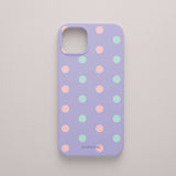 Funda KARKASA Silk Touch lila con estampado de lunares en colores rosa pastel y verde menta. Carcasa diseño pop divertido.