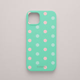 Funda KARKASA Silk Touch verde menta con estampado de lunares en colores rosa pastel y verde menta. Carcasa diseño pop divertido.