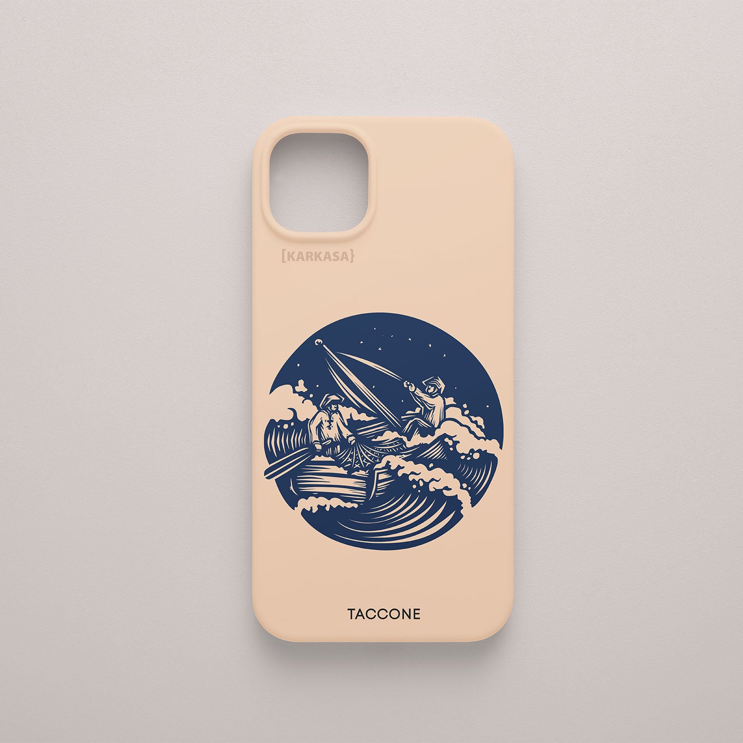 funda movil Marea Alta Taccone silicona color rosa nude con ilustracion marina en azul