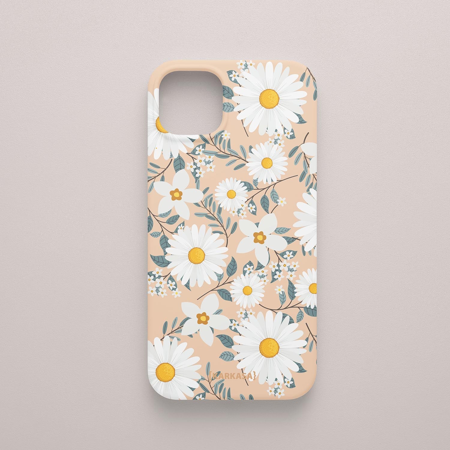 Funda KARKASA Silk Touch rosa nude con estampado denso de pequeñas margaritas blancas y amarillas. Carcasa diseño floral silvestre.