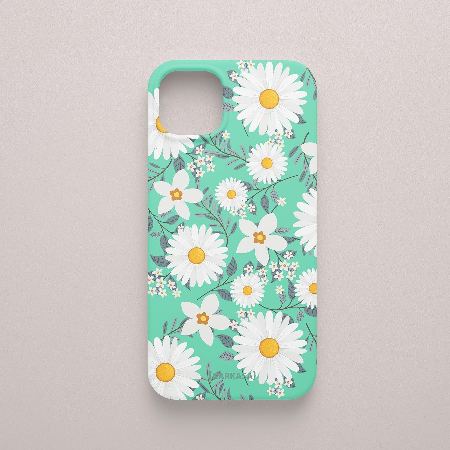 Funda KARKASA Silk Touch verde menta con estampado denso de pequeñas margaritas blancas y amarillas. Carcasa diseño floral silvestre.