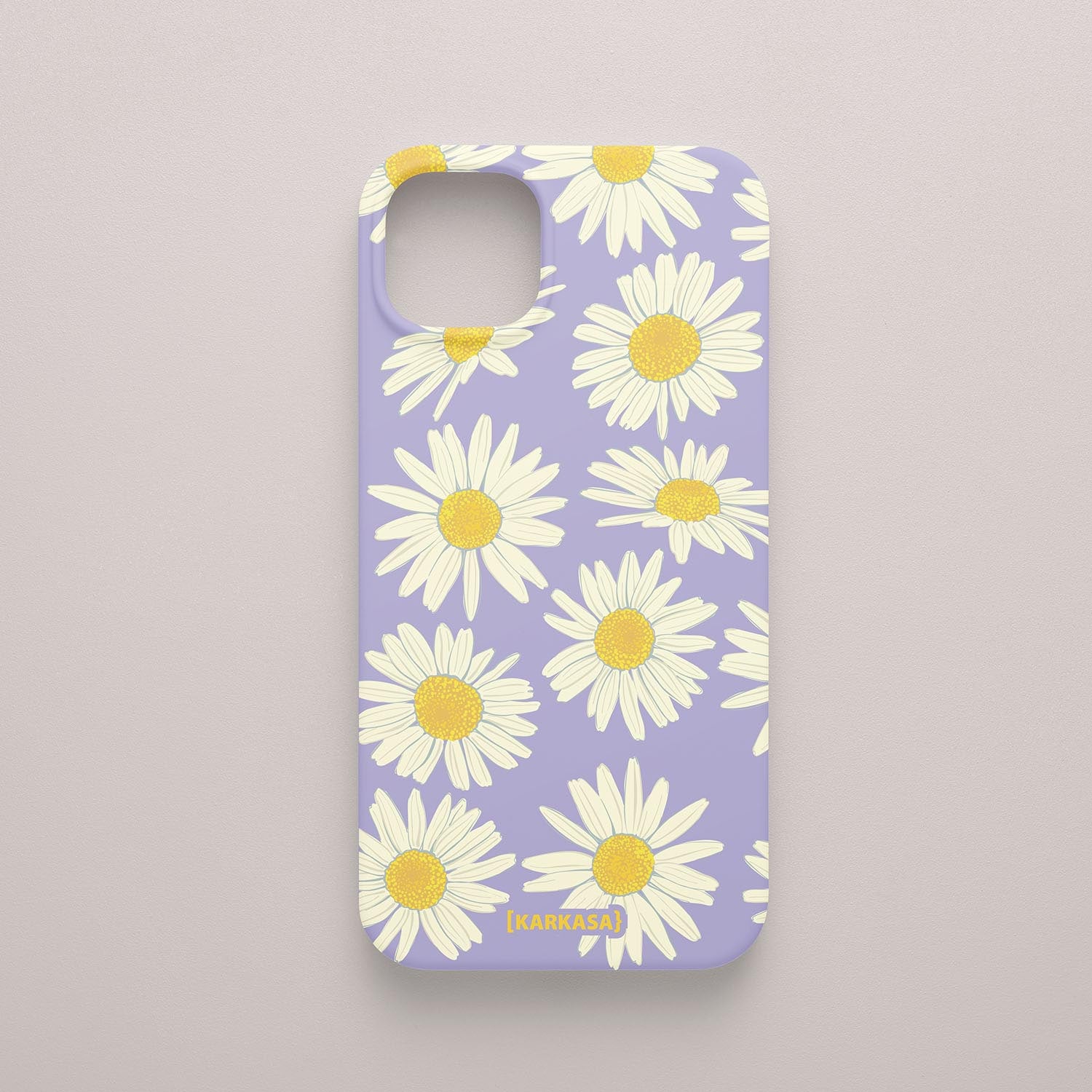 Funda KARKASA Silk Touch lila con estampado grande de margaritas blancas y amarillas. Carcasa de silicona estilo retro floral.
