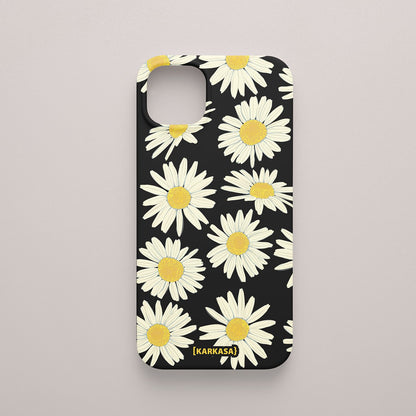 Funda KARKASA Silk Touch negra con estampado grande de margaritas blancas y amarillas. Carcasa de silicona estilo retro floral.