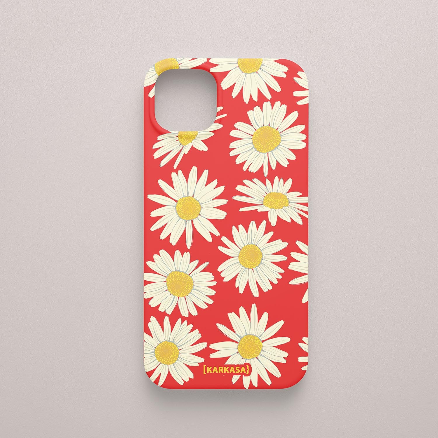 Funda KARKASA Silk Touch roja con estampado grande de margaritas blancas y amarillas. Carcasa de silicona estilo retro floral.
