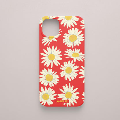 Funda KARKASA Silk Touch roja con estampado grande de margaritas blancas y amarillas. Carcasa de silicona estilo retro floral.