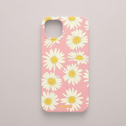 Funda KARKASA Silk Touch rosa chicle con estampado grande de margaritas blancas y amarillas. Carcasa de silicona estilo retro floral.