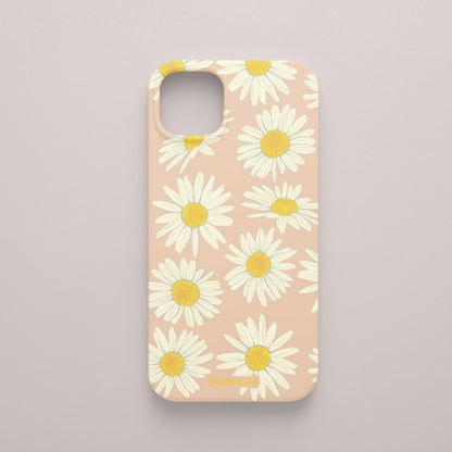 Funda KARKASA Silk Touch rosa nude con estampado grande de margaritas blancas y amarillas. Carcasa de silicona estilo retro floral.