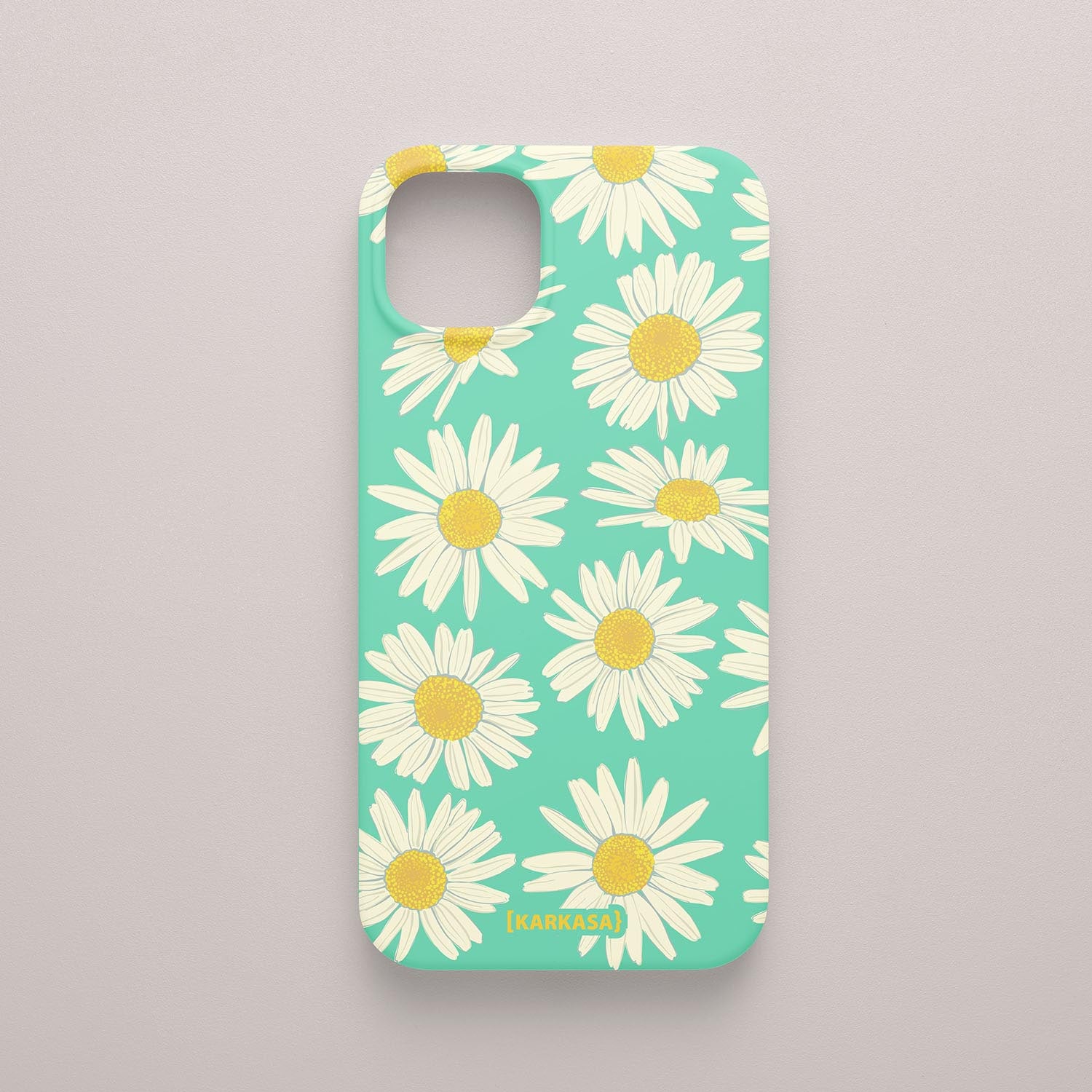 Funda KARKASA Silk Touch verde menta con estampado grande de margaritas blancas y amarillas. Carcasa de silicona estilo retro floral.