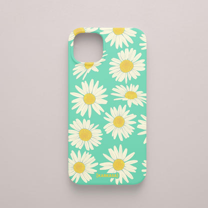 Funda KARKASA Silk Touch verde menta con estampado grande de margaritas blancas y amarillas. Carcasa de silicona estilo retro floral.