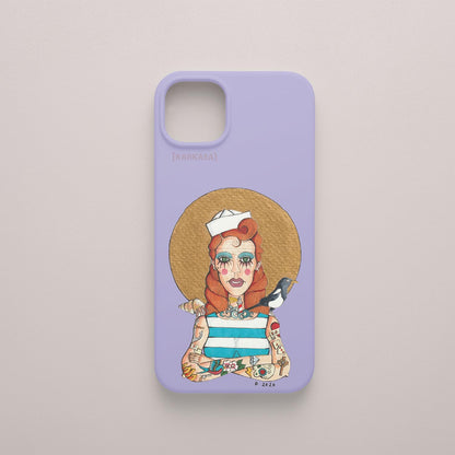 Funda KARKASA lila con ilustración del artista Daniel Buitrón: marinera pelirroja estilo pin-up con camiseta de rayas azules y una urraca al hombro.