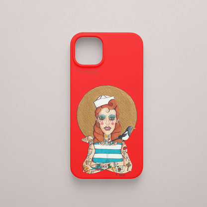 Funda KARKASA roja con ilustración del artista Daniel Buitrón: marinera pelirroja estilo pin-up con camiseta de rayas azules y una urraca al hombro.
