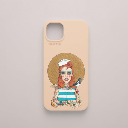 Funda KARKASA rosa nude con ilustración del artista Daniel Buitrón: marinera pelirroja estilo pin-up con camiseta de rayas azules y una urraca al hombro.
