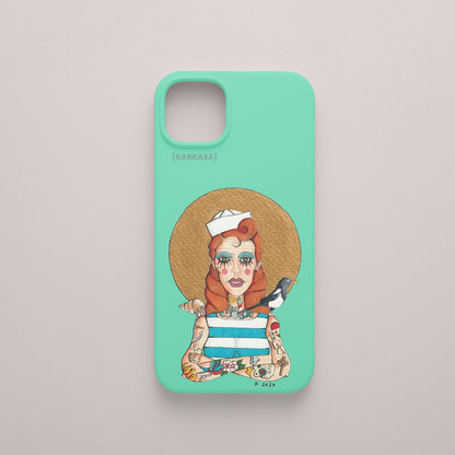 Funda KARKASA verde menta con ilustración del artista Daniel Buitrón: marinera pelirroja estilo pin-up con camiseta de rayas azules y una urraca al hombro.