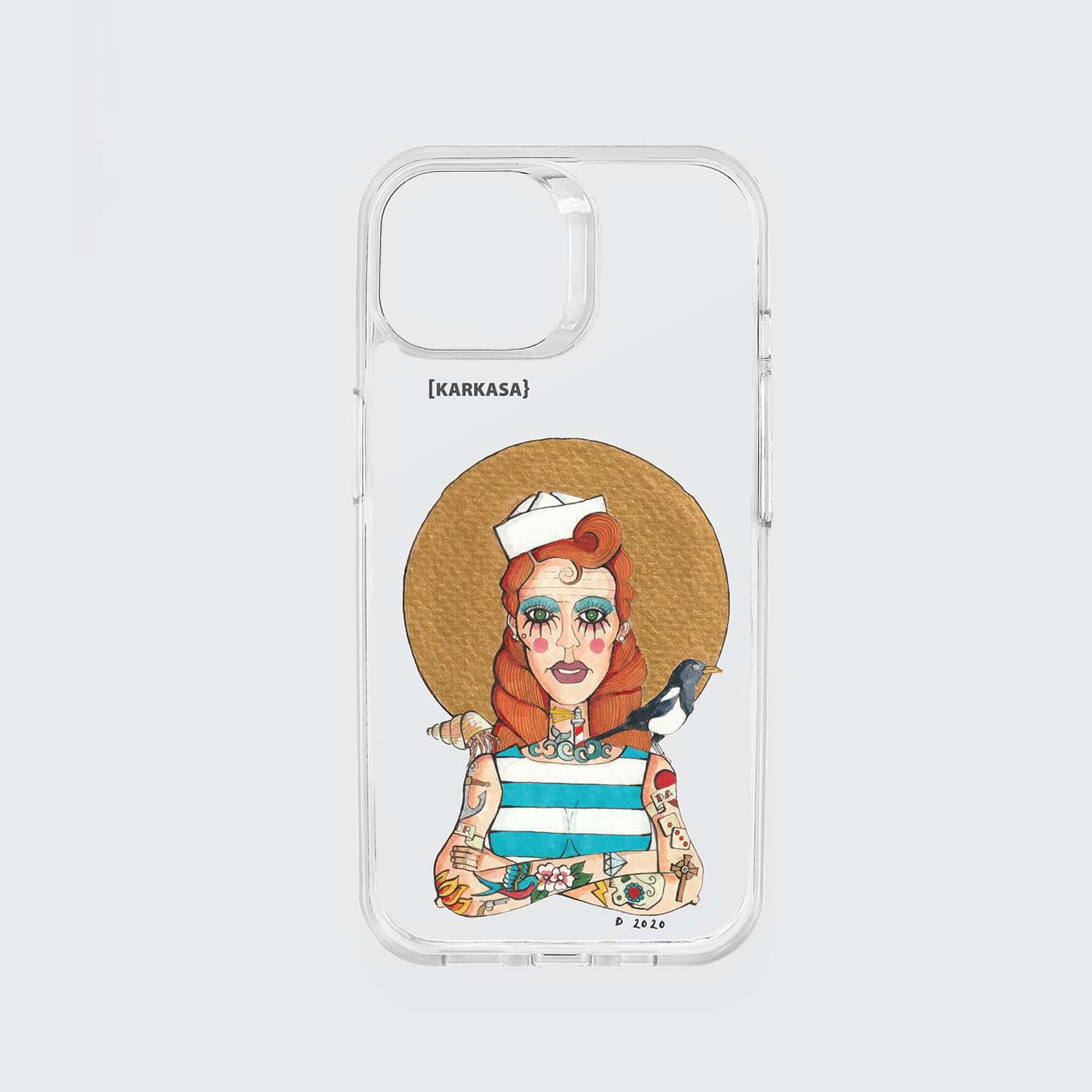 Funda KARKASA transparente antigolpes con ilustración del artista Daniel Buitrón: marinera pelirroja estilo pin-up con camiseta de rayas azules y una urraca al hombro.