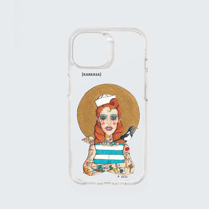 Funda KARKASA transparente antigolpes con ilustración del artista Daniel Buitrón: marinera pelirroja estilo pin-up con camiseta de rayas azules y una urraca al hombro.