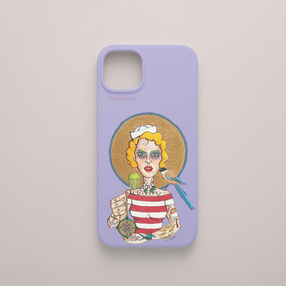 Funda KARKASA lila con ilustración del artista Daniel Buitrón: marinera rubia estilo pin-up con camiseta de rayas y un guacamayo azul.