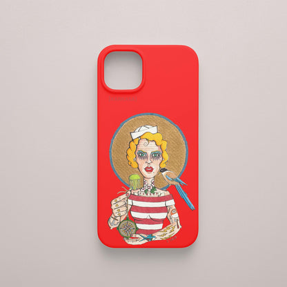 Funda KARKASA roja con ilustración del artista Daniel Buitrón: marinera rubia estilo pin-up con camiseta de rayas y un guacamayo azul.