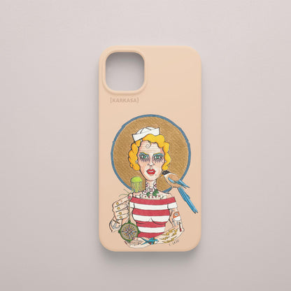 Funda KARKASA rosa nude con ilustración del artista Daniel Buitrón: marinera rubia estilo pin-up con camiseta de rayas y un guacamayo azul.