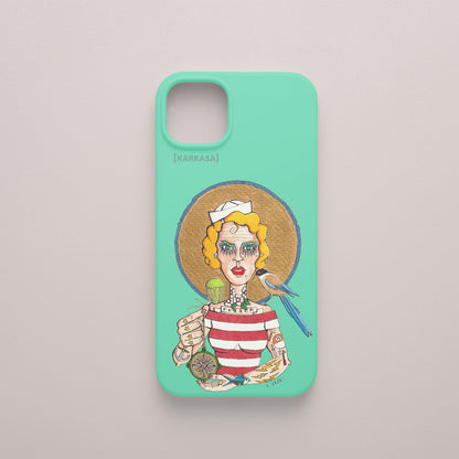 Funda KARKASA verde menta con ilustración del artista Daniel Buitrón: marinera rubia estilo pin-up con camiseta de rayas y un guacamayo azul.