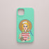 Funda KARKASA verde menta con ilustración del artista Daniel Buitrón: marinera rubia estilo pin-up con camiseta de rayas y un guacamayo azul.