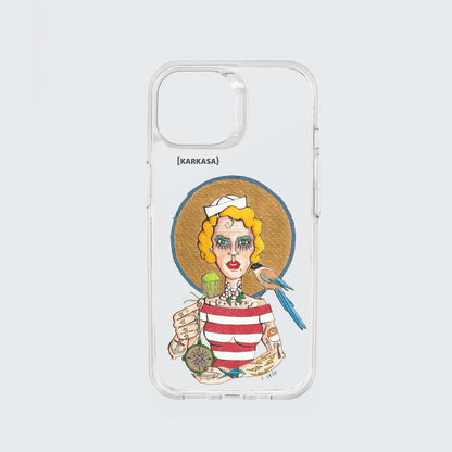 Funda KARKASA transparente antigolpes con ilustración del artista Daniel Buitrón: marinera rubia estilo pin-up con camiseta de rayas y un guacamayo azul.