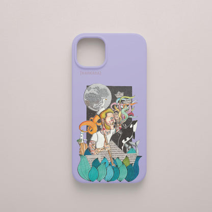 Funda KARKASA lila con ilustración del artista Daniel Buitrón: marinero con pelo rosa, una orca saltando y una luna llena de fondo.