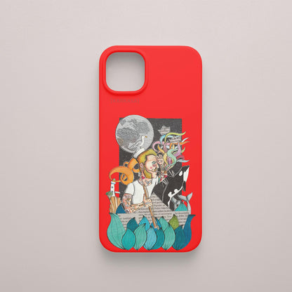 Funda KARKASA roja con ilustración del artista Daniel Buitrón: marinero con pelo rosa, una orca saltando y una luna llena de fondo.