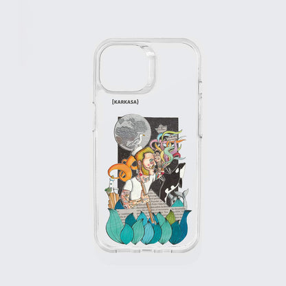 Funda KARKASA transparente antigolpes con ilustración del artista Daniel Buitrón: marinero con pelo rosa, una orca saltando y una luna llena de fondo.