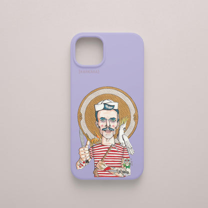 Funda KARKASA lila con ilustración del artista Daniel Buitrón: marinero con camiseta de rayas rojas, sable y una cacatúa blanca al hombro.