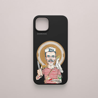 Funda KARKASA negra con ilustración del artista Daniel Buitrón: marinero con camiseta de rayas rojas, sable y una cacatúa blanca al hombro.