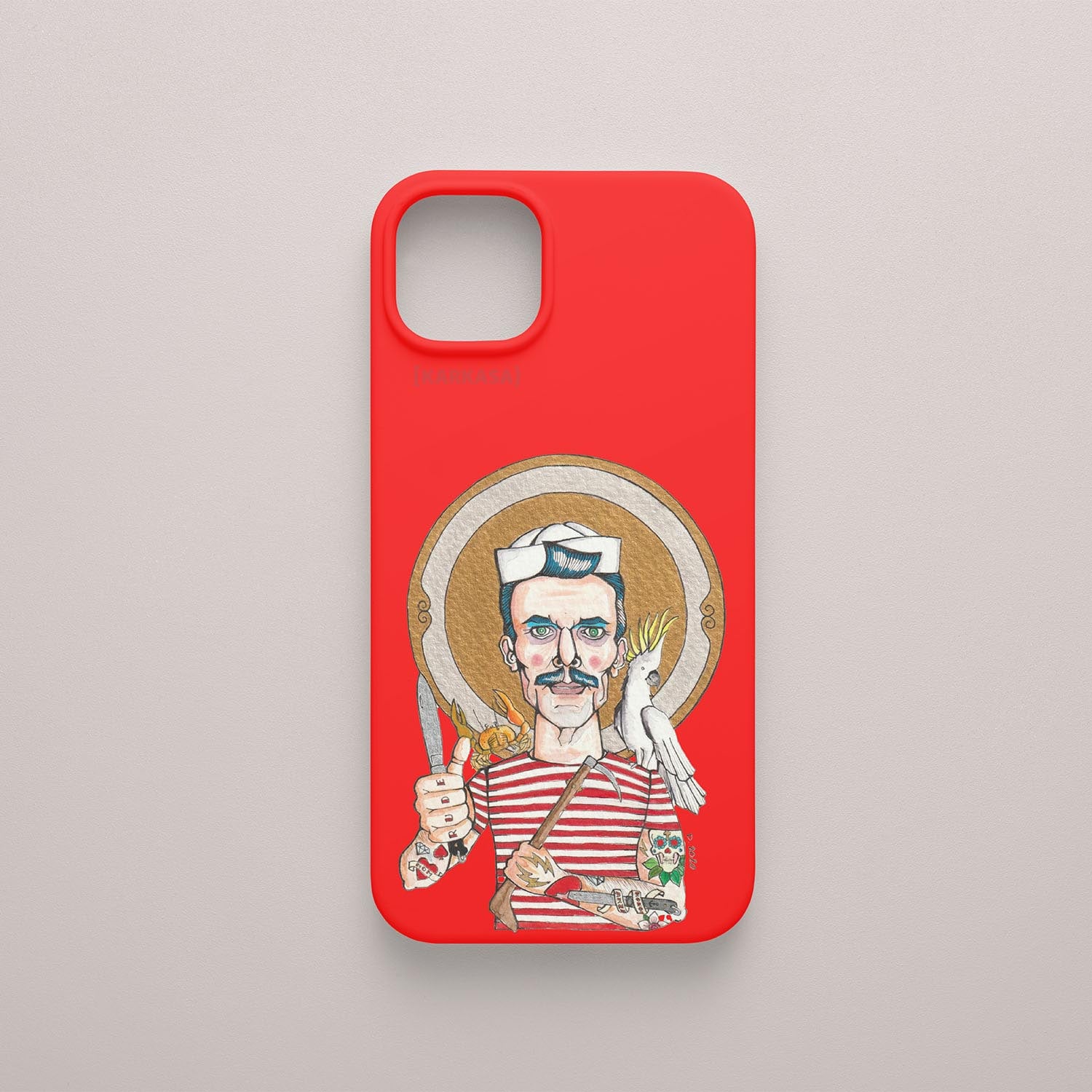 Funda KARKASA roja con ilustración del artista Daniel Buitrón: marinero con camiseta de rayas rojas, sable y una cacatúa blanca al hombro.