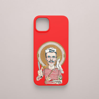 Funda KARKASA roja con ilustración del artista Daniel Buitrón: marinero con camiseta de rayas rojas, sable y una cacatúa blanca al hombro.